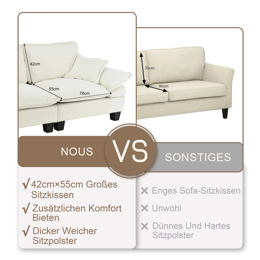 Scaffale modulare con seduta a U e 2 pouf mobili in chenille beige 263 × 151 × 90 cm
