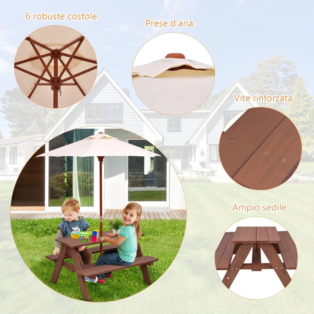 Tavolo da Picnic per Bambini con Parasole Pieghevole, Set di Tavolo e Panche per Giardino con Ombrellone Rimovibile, Panche in Legno, per Giardino, Cortile, Prato