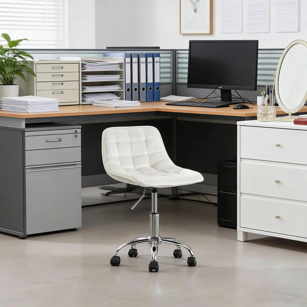 Sgabello da ufficio girevole in velluto crema con schienale ergonomico, altezza regolabile e ruote