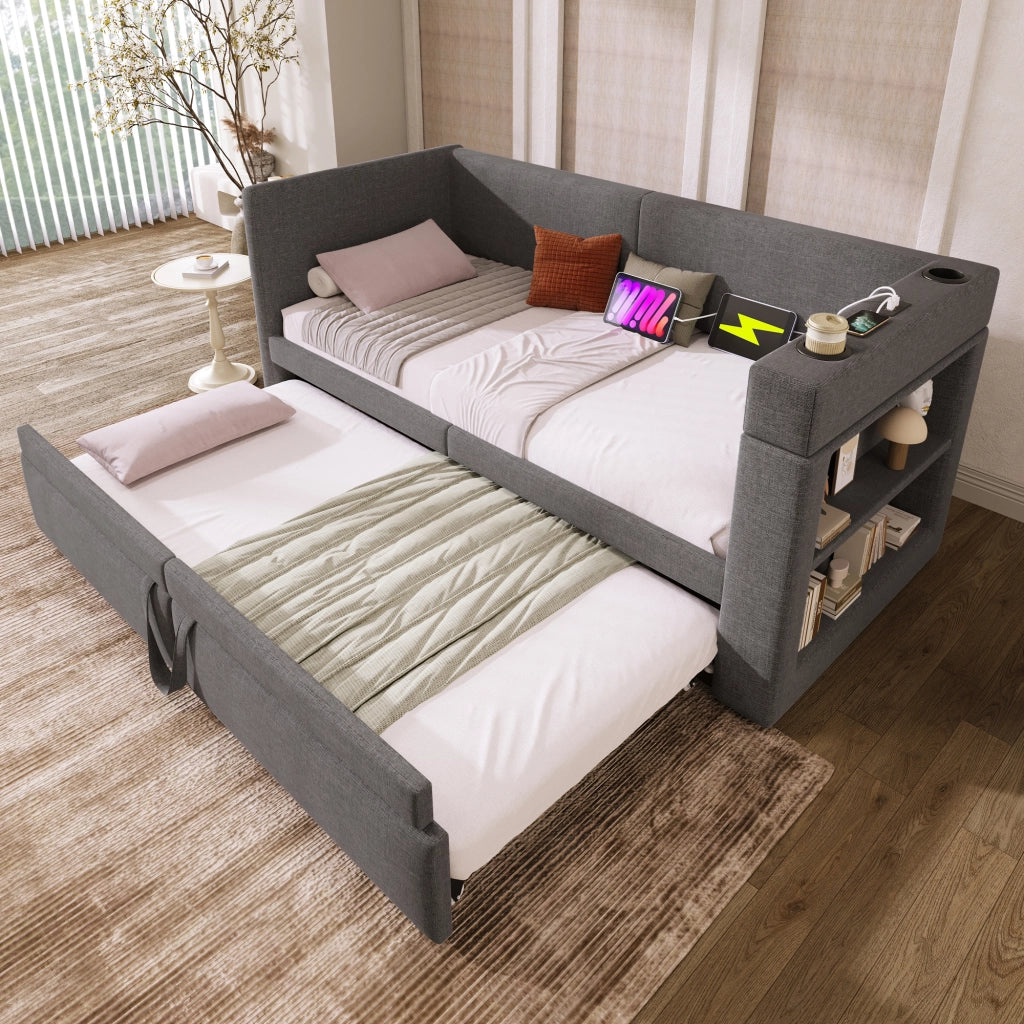 LETTO Daybed imbottito estraibile 90x200 cm Grigio con USB e Type-C senza materasso