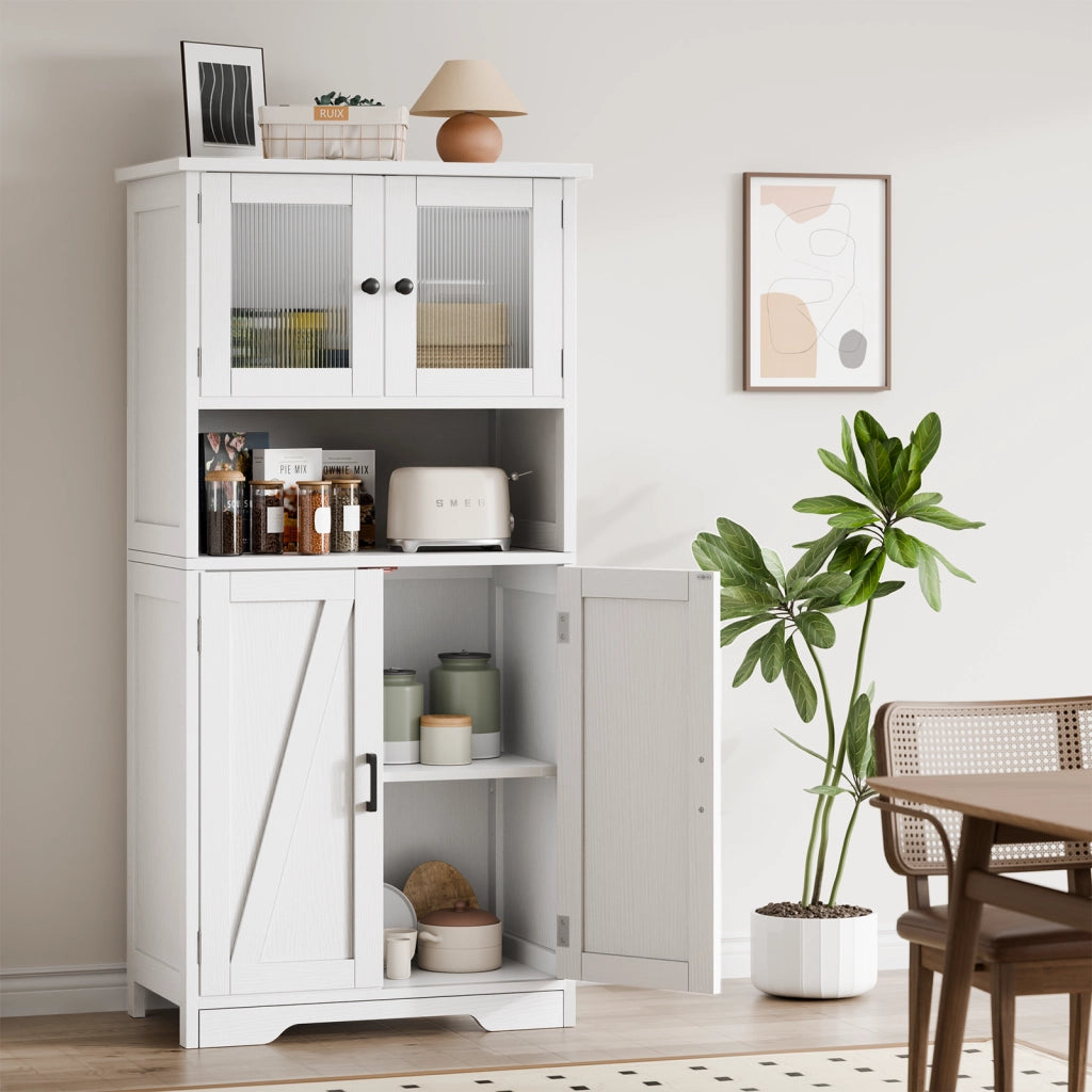 Armadio Multiuso con Ante in Vetro e Ripiani Regolabili, Bianco, 60x30x128cm
