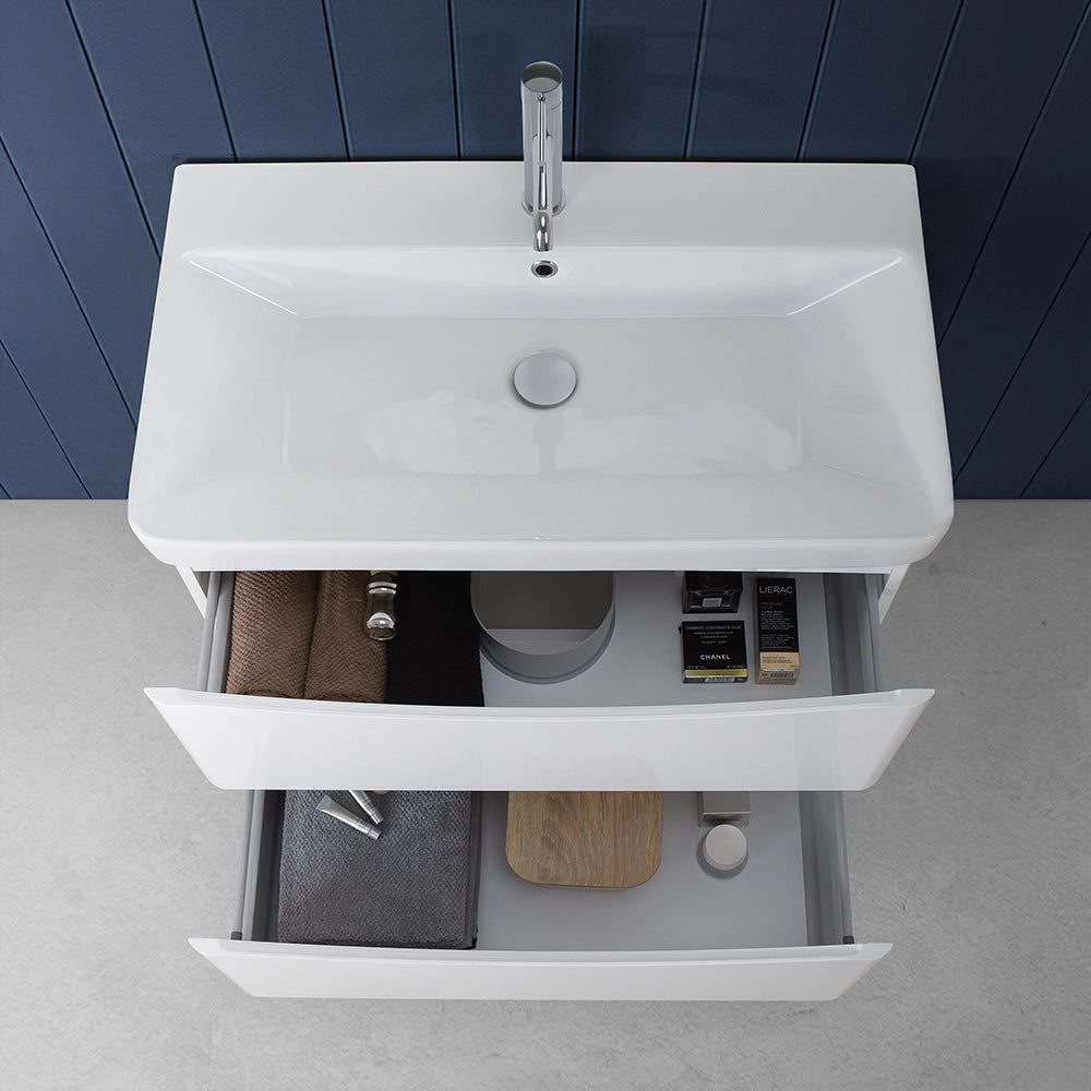Mobile bagno sospeso 80 cm bianco lucido con specchio tondo Zen