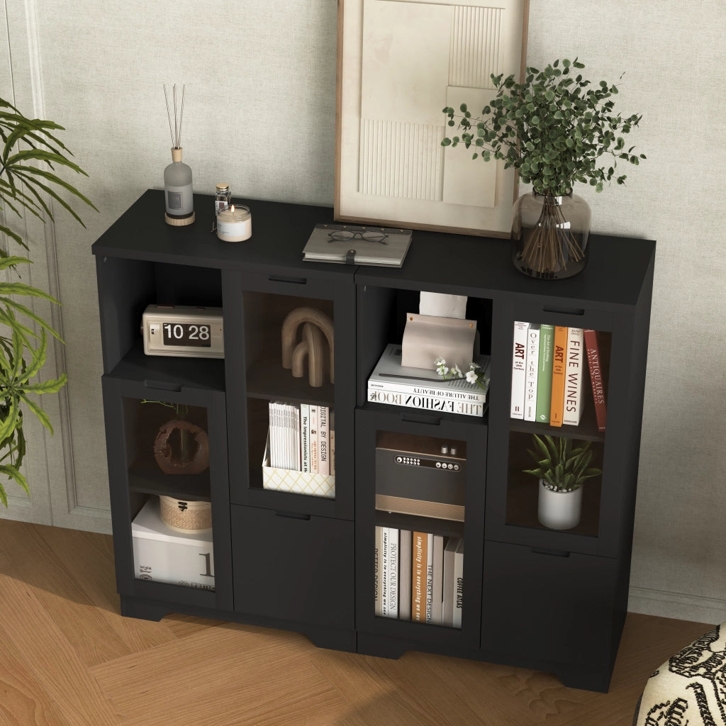 OKWISH Credenza Contenitore con 2 Ante in Vetro, 2 Ripiani Regolabili e 2 Vani Aperti, per Soggiorno, MDF, Nero