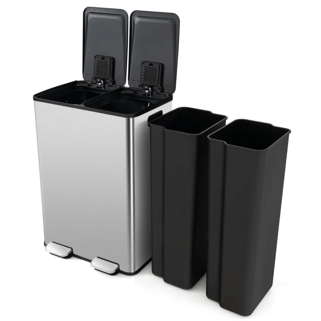 Pattumiera a doppio scomparto set da 1 48 x 38 x 67 cm chiusura ammortizzata e silenziosa design moderno in acciaio inox argentato 20_0019376