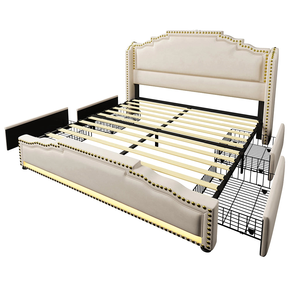 Letto matrimoniale-Xylo-160x200 cm-4 cassetti, LED, USB-C, velluto beige, senza materasso