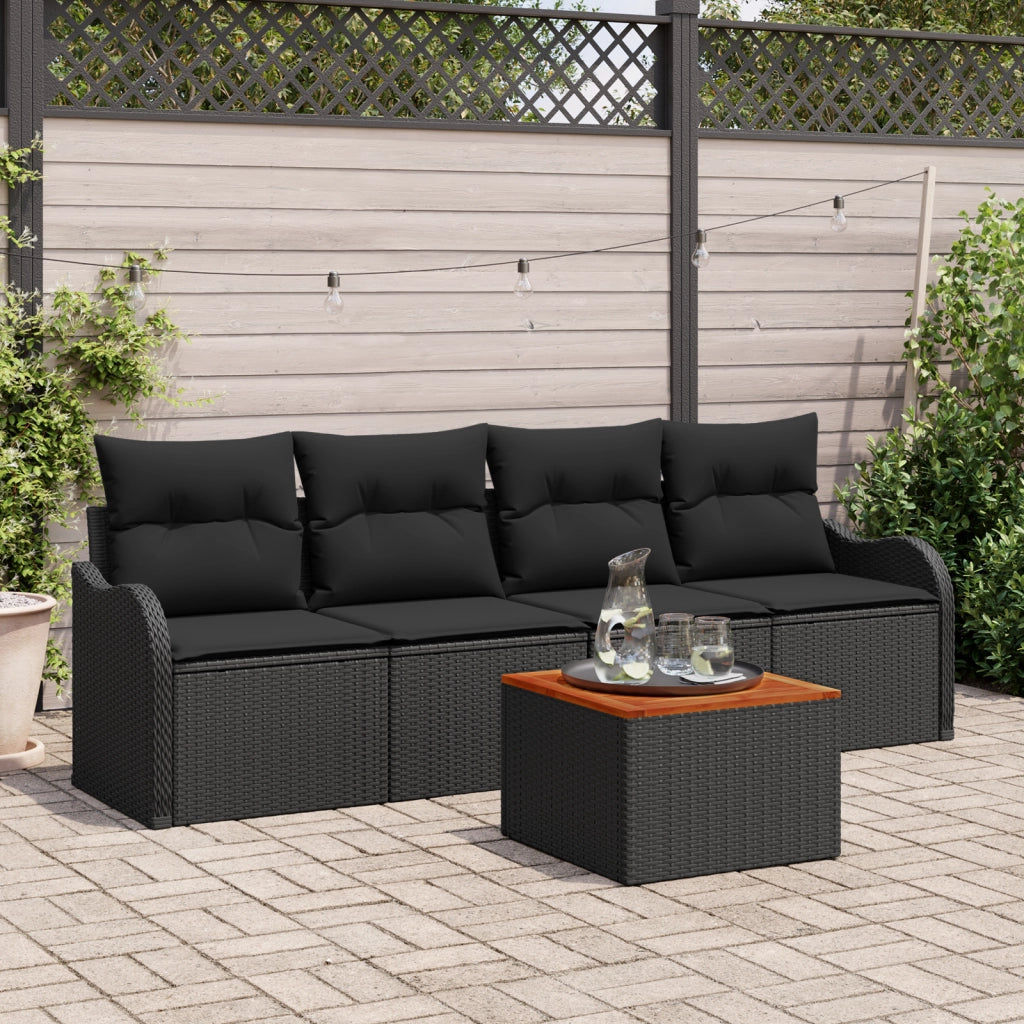 Set di Divani da Giardino 5 Pezzi con Cuscini Nero Rattan Polimerico Acacia