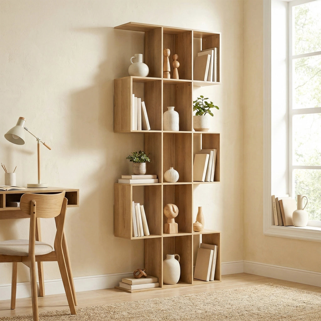 Libreria Scaffale a 5 Livelli a S con 15 Ripiani ¨C Zephmum ¨C Legno Rovere 80x24x200 cm