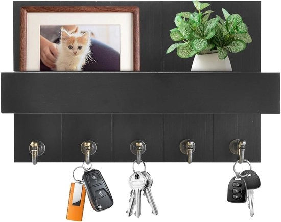 Raccordo a muro di legno con pannello e 5 ganci a molla - Nero moderno - Per ingresso, soggiorno, camera da letto, salotto