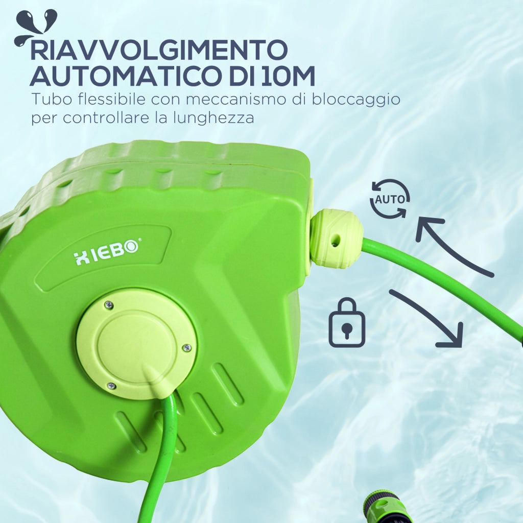 Avvolgitubo a Parete Bloccabile e Retraibile in Plastica con Rotazione 180¡ã, 35.5x11.5x27.5 cm, Verde
