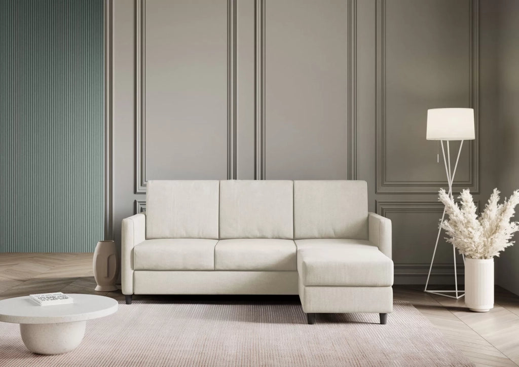 Divano karay 3 posti (tre sedute da 60cm) + pouf misure esterne l.198 p.155 | latte - Mobili 2G