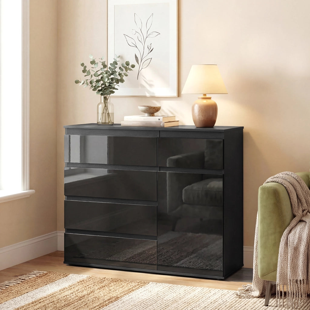 Cassettiera Moderna con 5 Cassetti, Ripiano Regolabile, Ante Soft-Close ¨C zephmum ¨C Nero Lucido