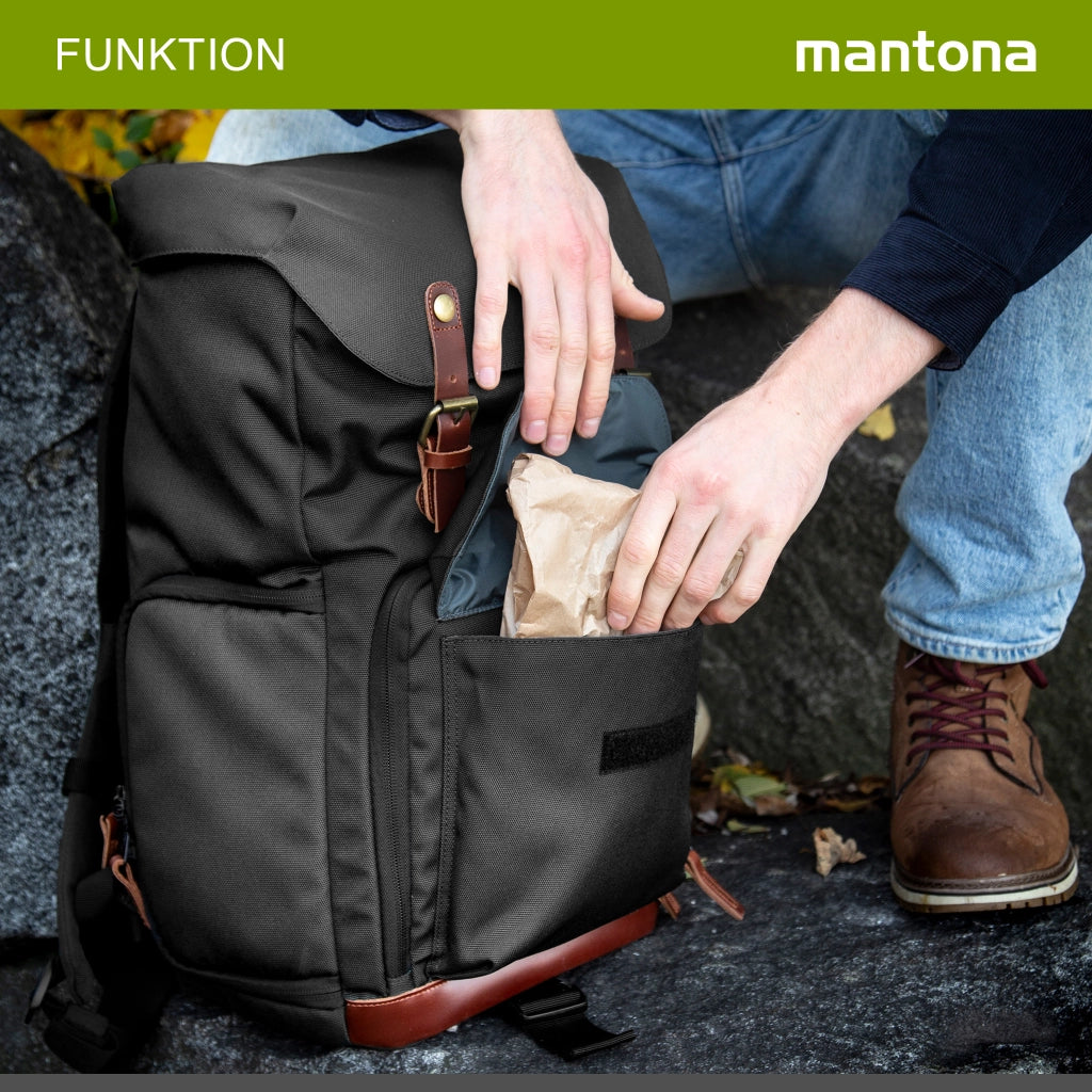 Mantona Luis Retro Zaino fotografico (con applicazioni in vera pelle, copertura antipioggia,per laptop, adatto per 1 fotocamera DSLR, 3 obiettivi e vari accessori fotografici) nero