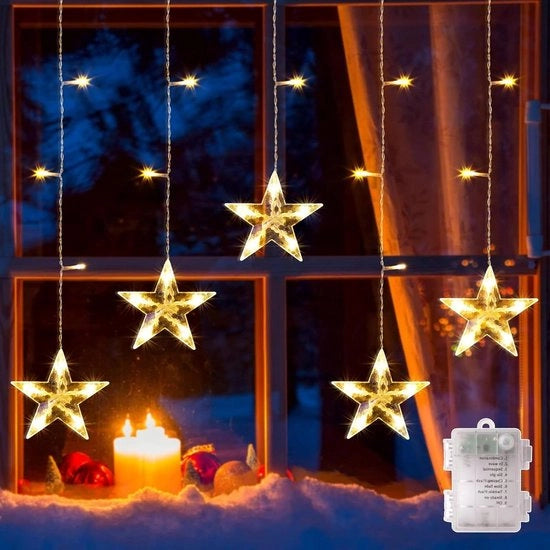 Illuminazione di Natale Tenda di Luce a Stelle 8 Modalità Funzione Timer - Batterie IP44 Impermeabile - Finestre Interno Matrimonio Natale Balcone