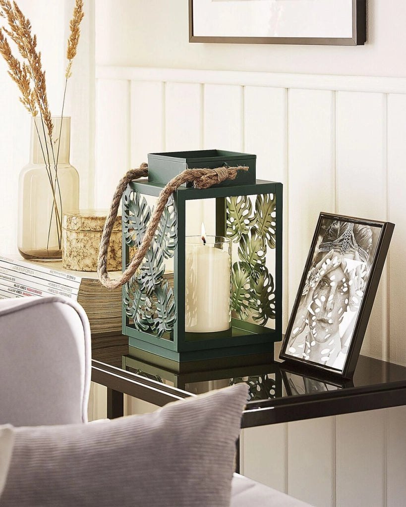 Lanterna Verde Metallo 25 cm Portacandele in Vetro Foglie di Monstera Decorazione Boho
