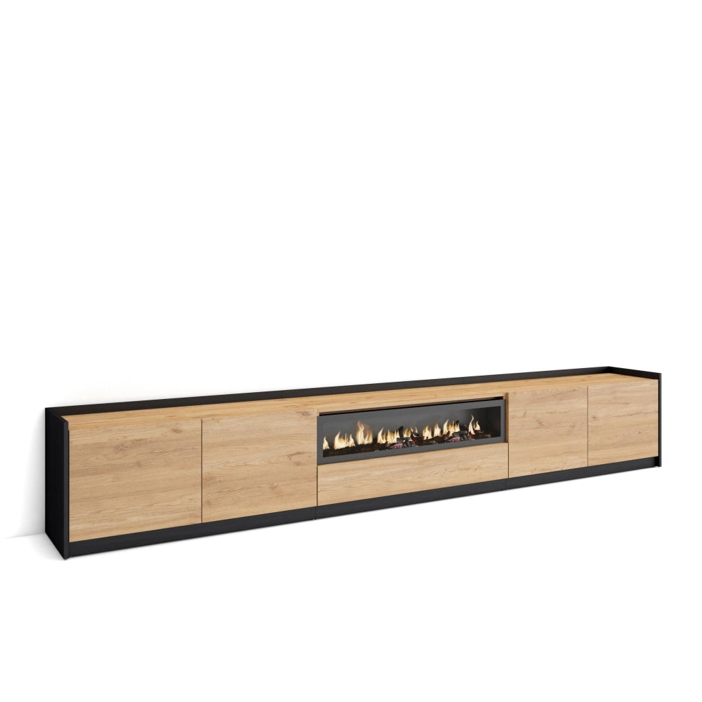 Mobile TV Soggiorno, 310x50x37 cm, Per TV fino a 80", Camino elettrico, Rovere e nero