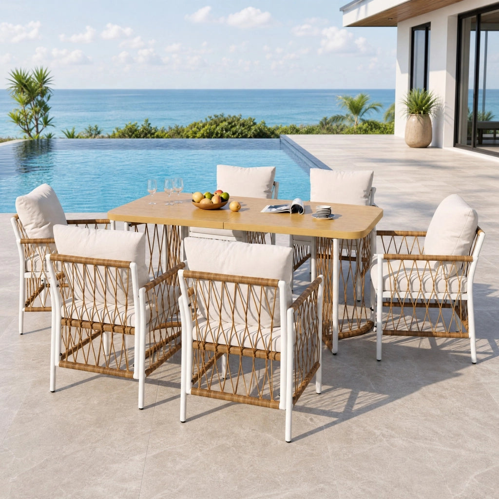 Set Tavolo e Sedie da Giardino con 1 Tavolo e 6 Sedie; Cuscini Inclusi; Ferro e Poliestere; Beige