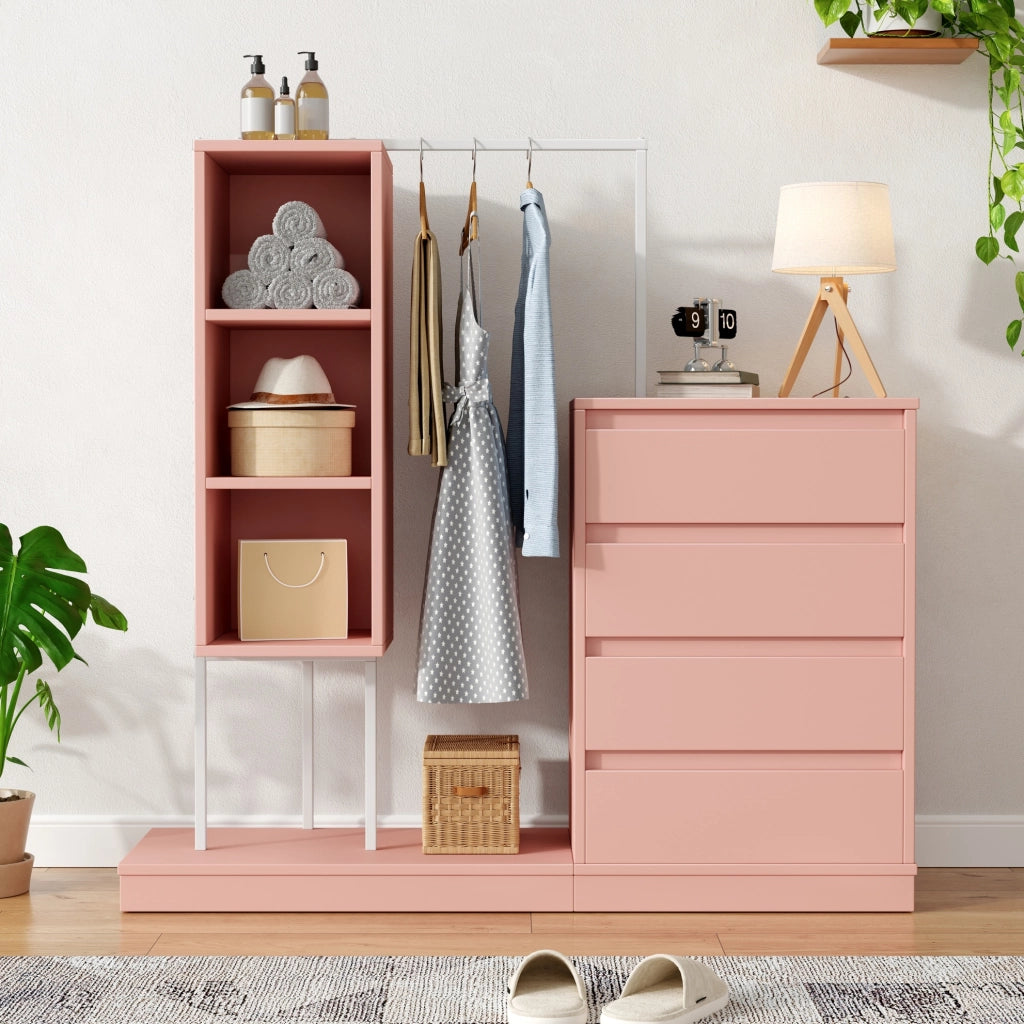 Mobile guardaroba 100x40x135 cm con quattro cassetti e barra appendiabiti in truciolare e metallo rosa e bianco