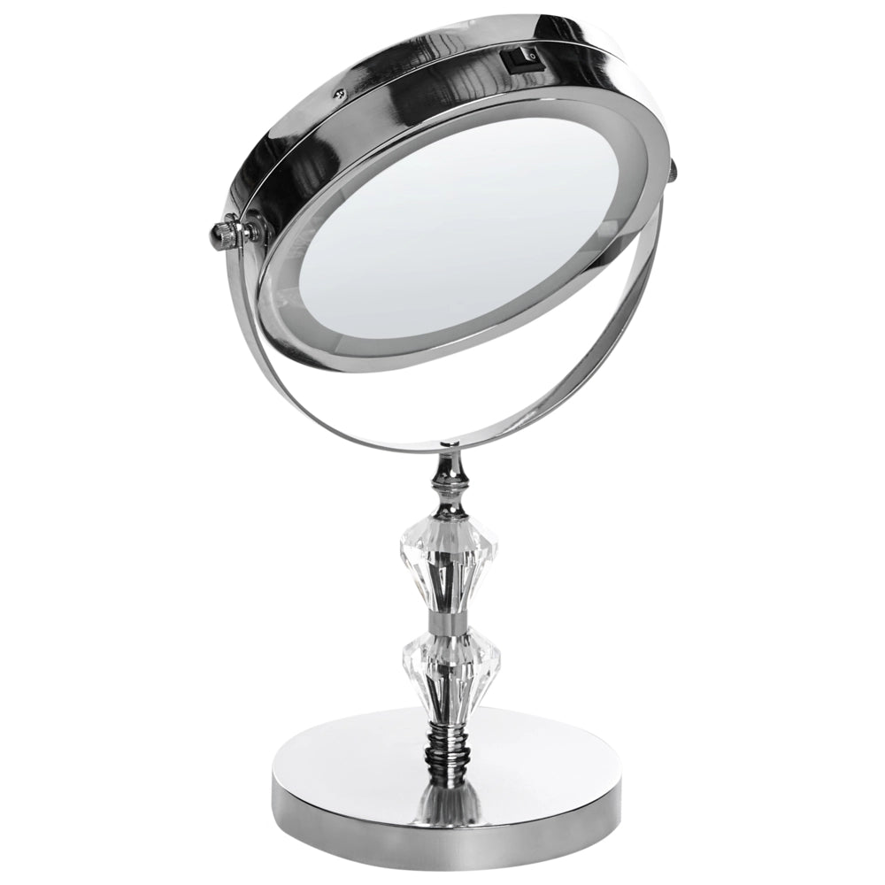 Specchio da tavolo illuminato in metallo argentato ø 20 cm con luci LED d'ingrandimento bifacciali