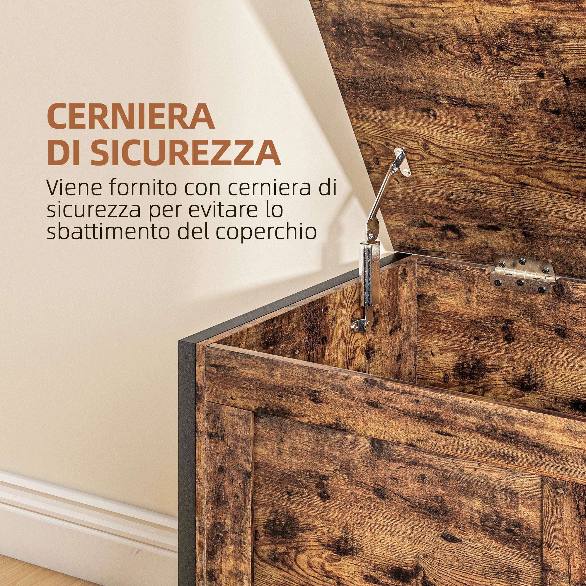 Cassapanca in Legno Stile Industriale 80x40x49cm Contenitore 95L Marrone