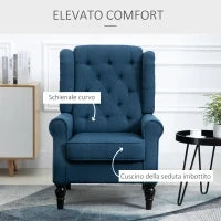 Poltrona per Salotto in Stile Francese con Seduta Imbottita e Cuscini, in Poliestere, 74x86x102 cm, Blu
