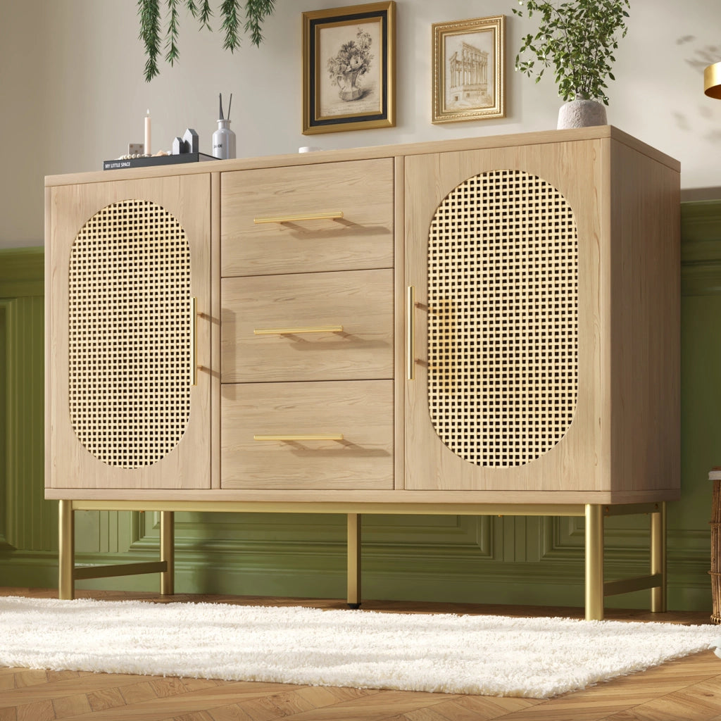 Credenza con 2 Ante in Effetto Rattan e 3 Cassetti; Ripiano Regolabile; 120??40??74 cm; Rovere Sonoma