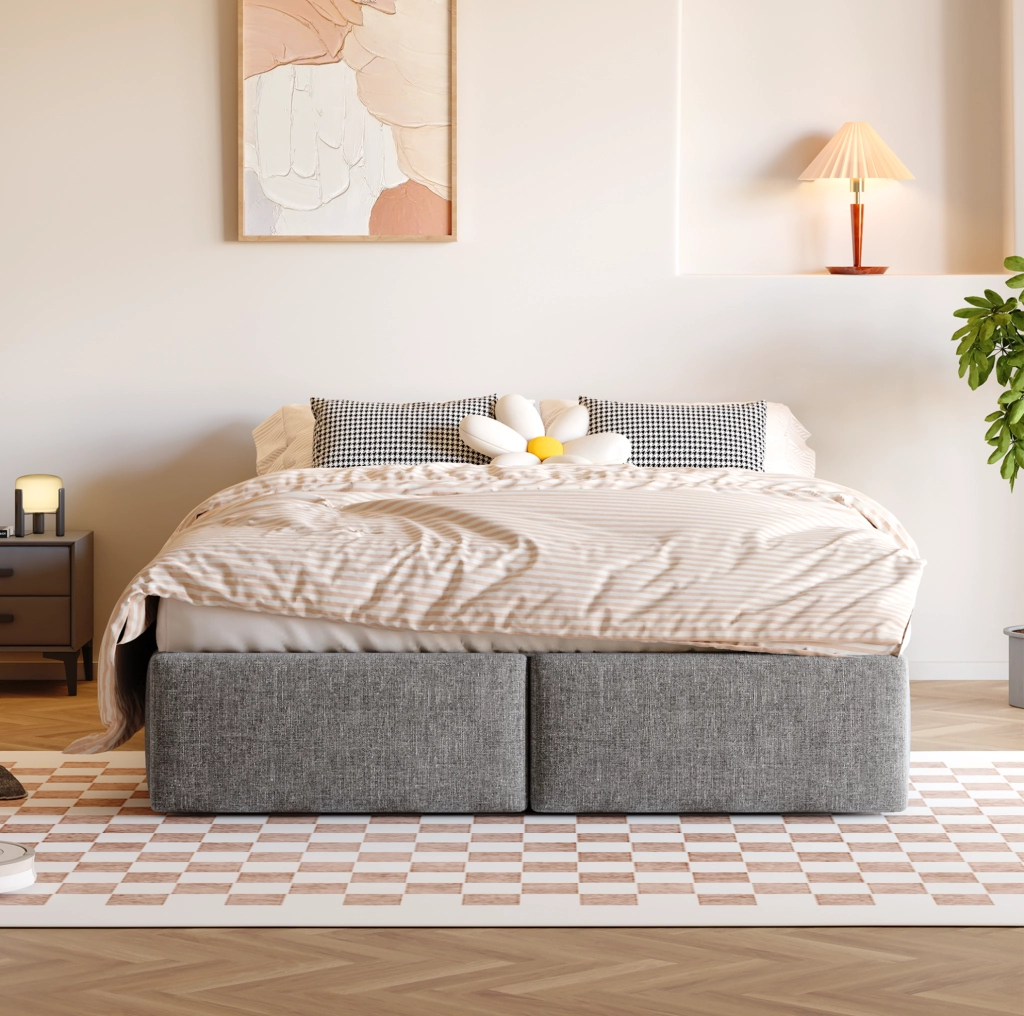 Letto imbottito 140x200 cm grigio con contenitore idraulico e 2 cassetti