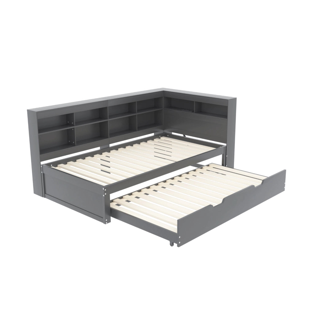 Letto singolo estraibile 90x200 cm con secondo letto 90x190 cm; USB e vani; grigio