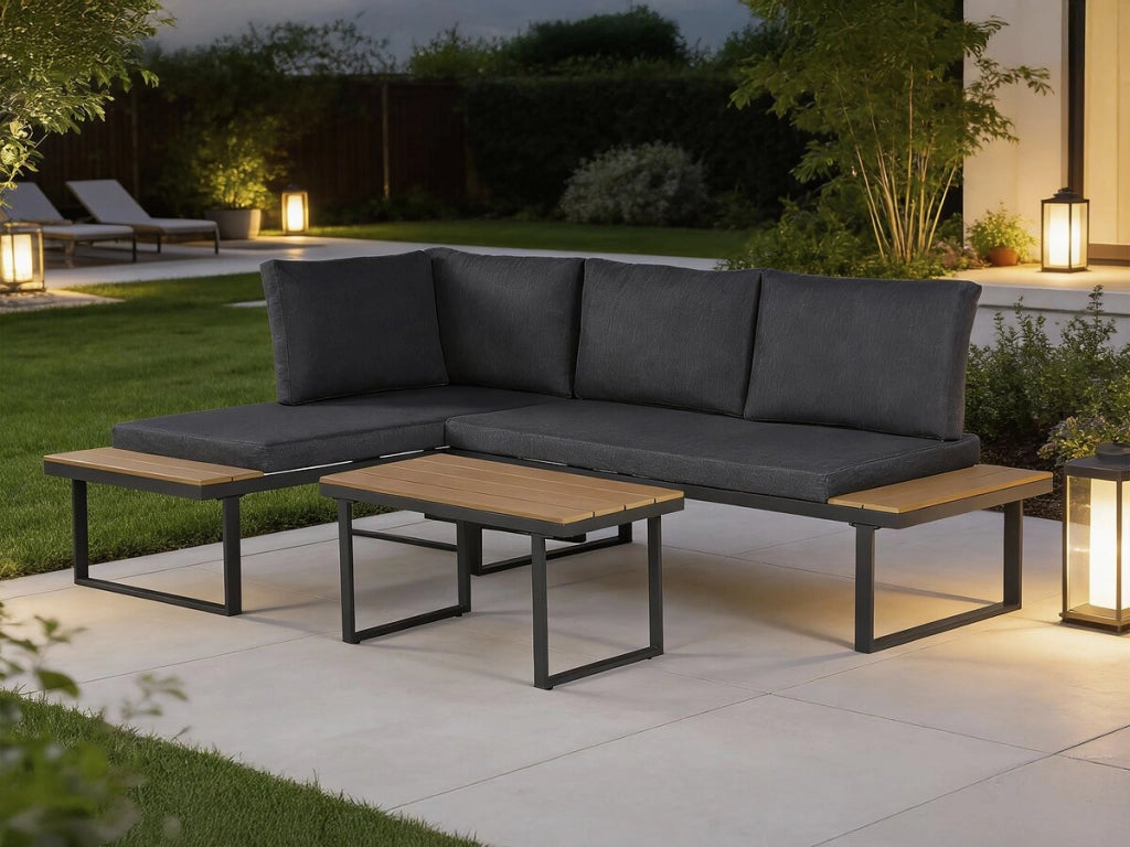 Set di mobili da giardino, divano angolare in finto legno "Liora" - 4 posti - Grigio