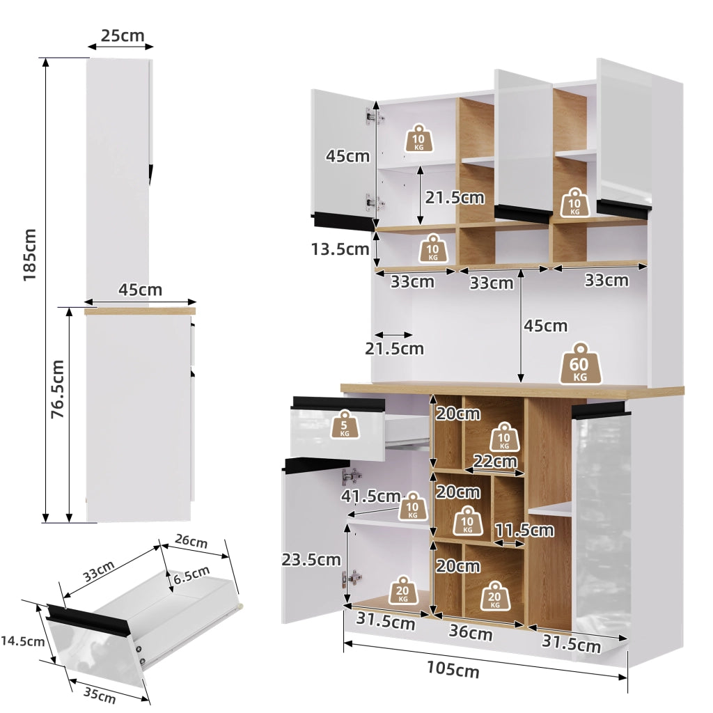 Credenza da Cucina Alta con 2 Ante; 1 Cassetto; Vani Aperti e Ripiani Regolabili; in MDF; 105x45x185 cm; Bianco
