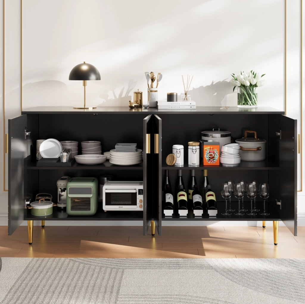 Madia 152x40 cm; design ondulato con dettagli dorati; MDF; nero