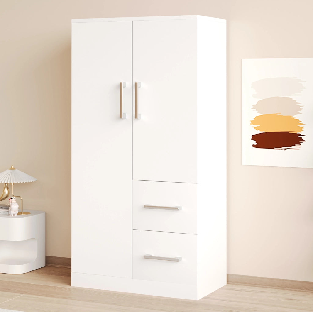 Armadio guardaroba bianco 70×40×135 cm con 2 ante, 2 cassetti e vano contenitore