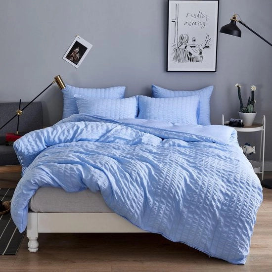 Set di lenzuola a scacchi, 135 x 200 cm, 4 pezzi, blu, rilievo, strutturato, elegante, set di lenzuola, liscio, microfibra, coperta morbida, 2 coperte con chiusura a cerniera e 2 cuscini con coperture 80 x 80 cm.
