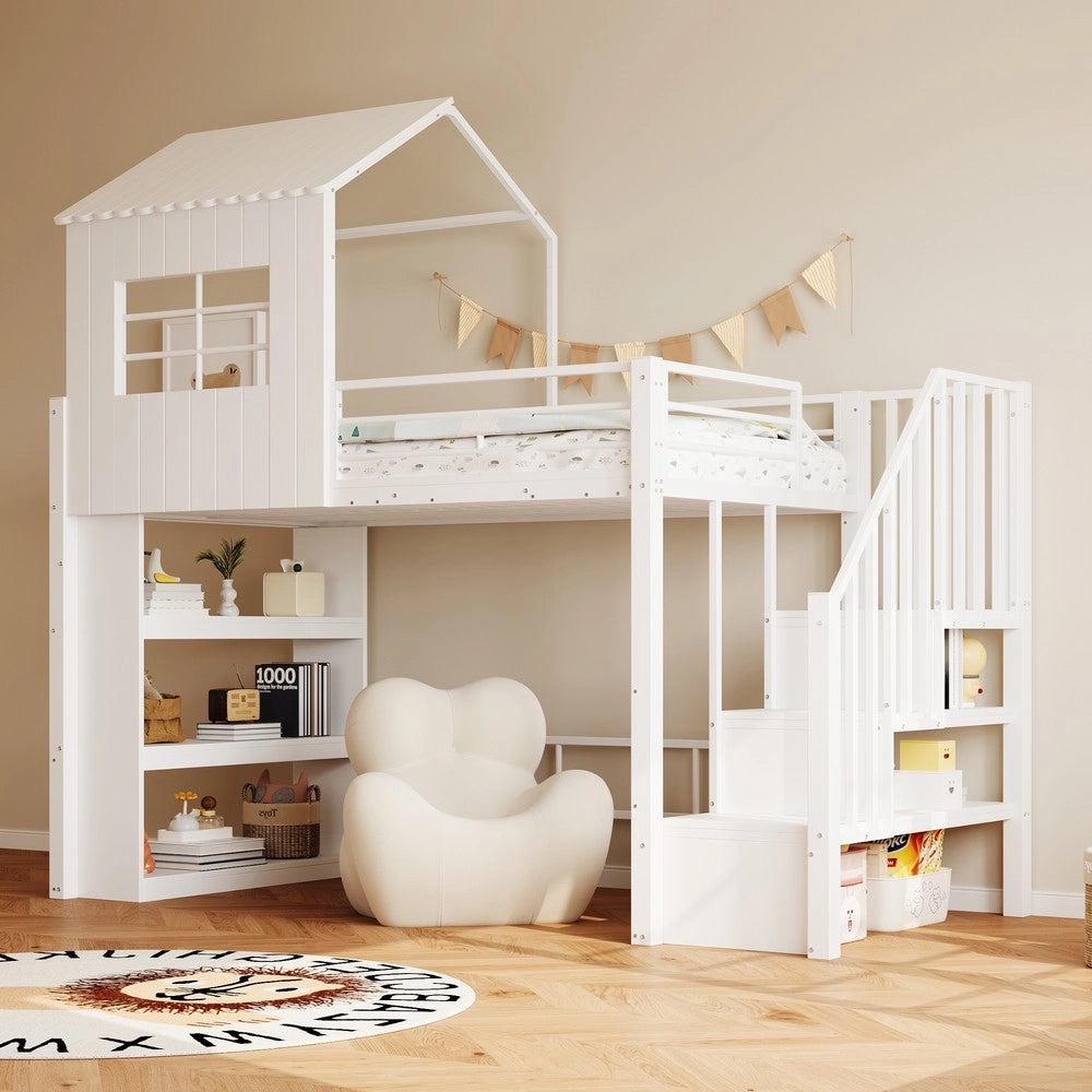 Letto a Soppalco Singolo in Metallo ¨C Xylo ¨C Bianco, Scala, Ripiani, 90x200