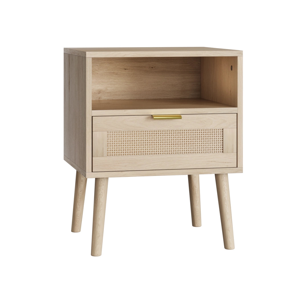 Comodino in rattan con 1 cassetto e 1 vano aperto, maniglia dorata, stile boho, per camera da letto, 45 × 40 × 55 cm