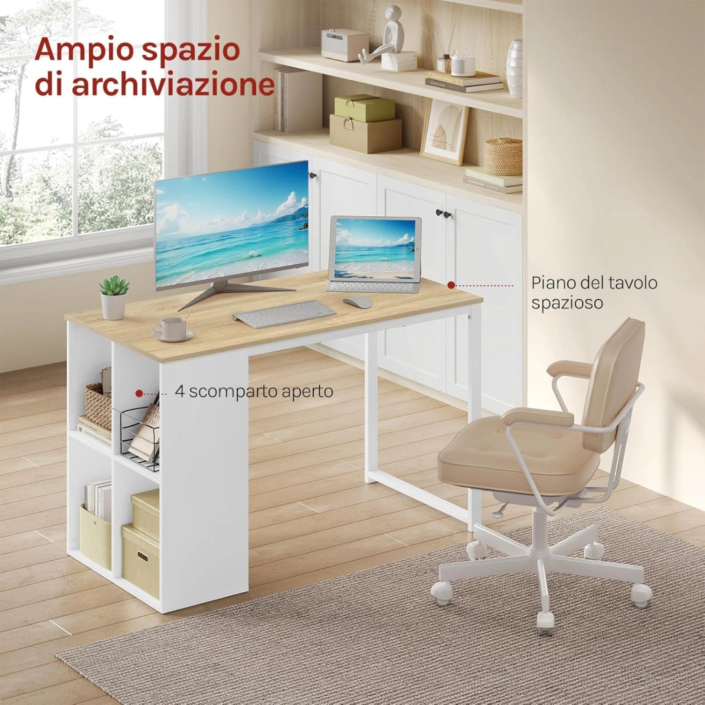 Scrivania Ufficio Compatta con Libreria Integrata, 120x60x75 cm, Design Salvaspazio per Studio/Camera, Bianco+Rovere Naturale