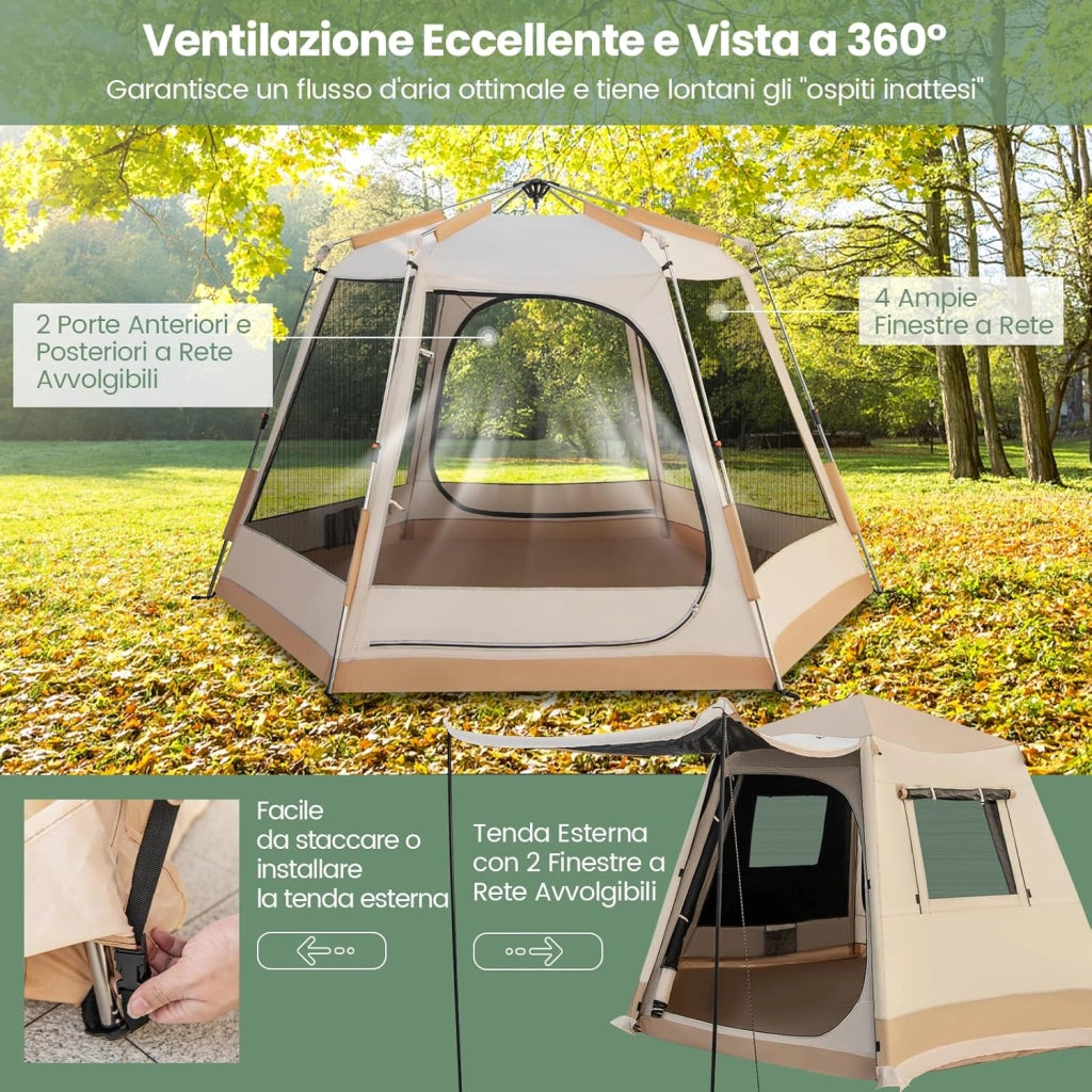 Tenda da Spiaggia Adatta a 4-6 Persone, Tenda Impermeabile e Pieghevole a Doppio Strato con Borsa Portatile per Campeggio e Viaggio, 330 x 270 x 200 cm