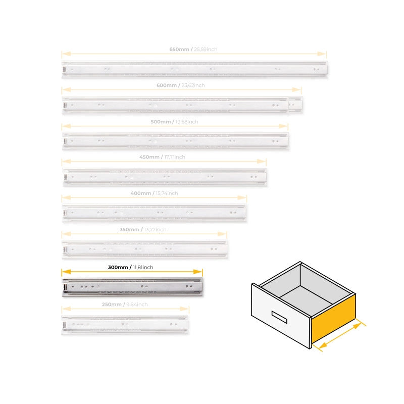 Set di guide a sfera per cassetti a estrazione totale, altezza 45 mm, lunghezza 350 mm, Acciaio, Zincato bianco