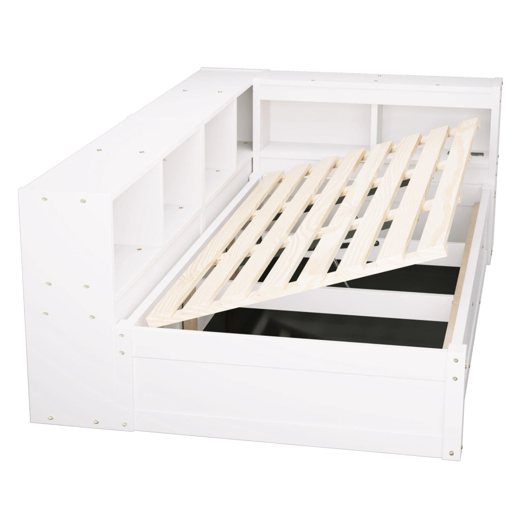 Letto multifunzione 90x200 cm con presa integrata; contenitori e LED in MDF bianco