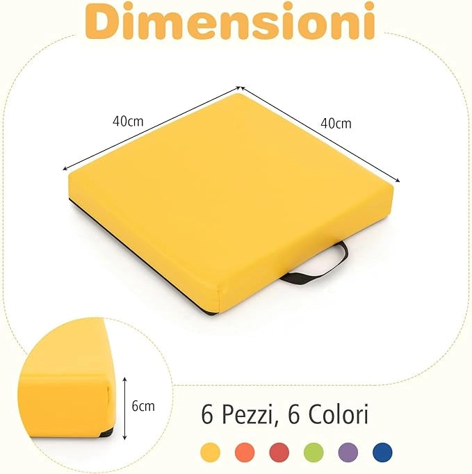 Set di 6 Cuscini per Sedia per Bambini, Cuscini Quadrati Morbidi in Spugna con Maniglie, Sedute Flessibili Portatili e Leggere per Casa Scuola Asilo, 40 x 40 cm