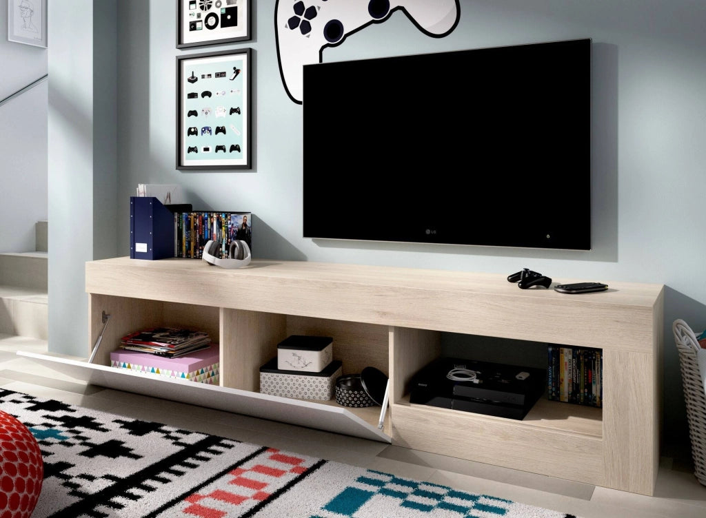 Mobile porta TV Animeli, Credenza bassa da soggiorno, Madia da salotto per televisione, 204x42h48 cm, Rovere e Bianco