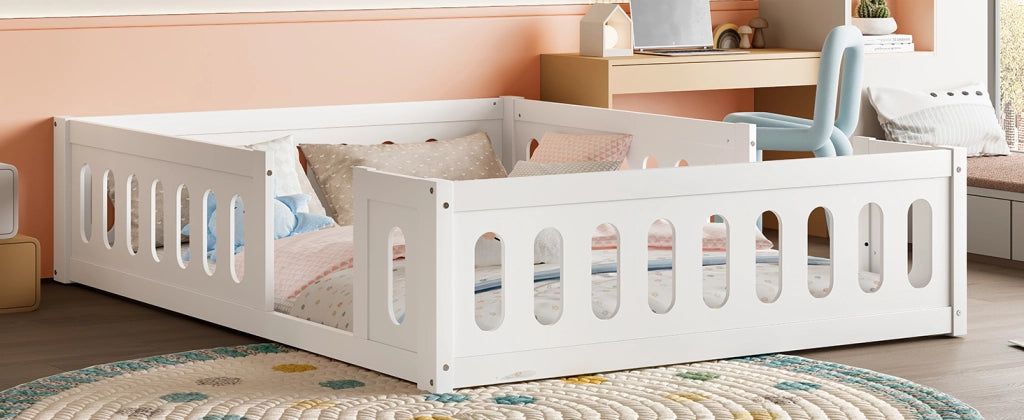 Letto per bambini 140x200 in legno bianco con sponde di sicurezza e design a terra