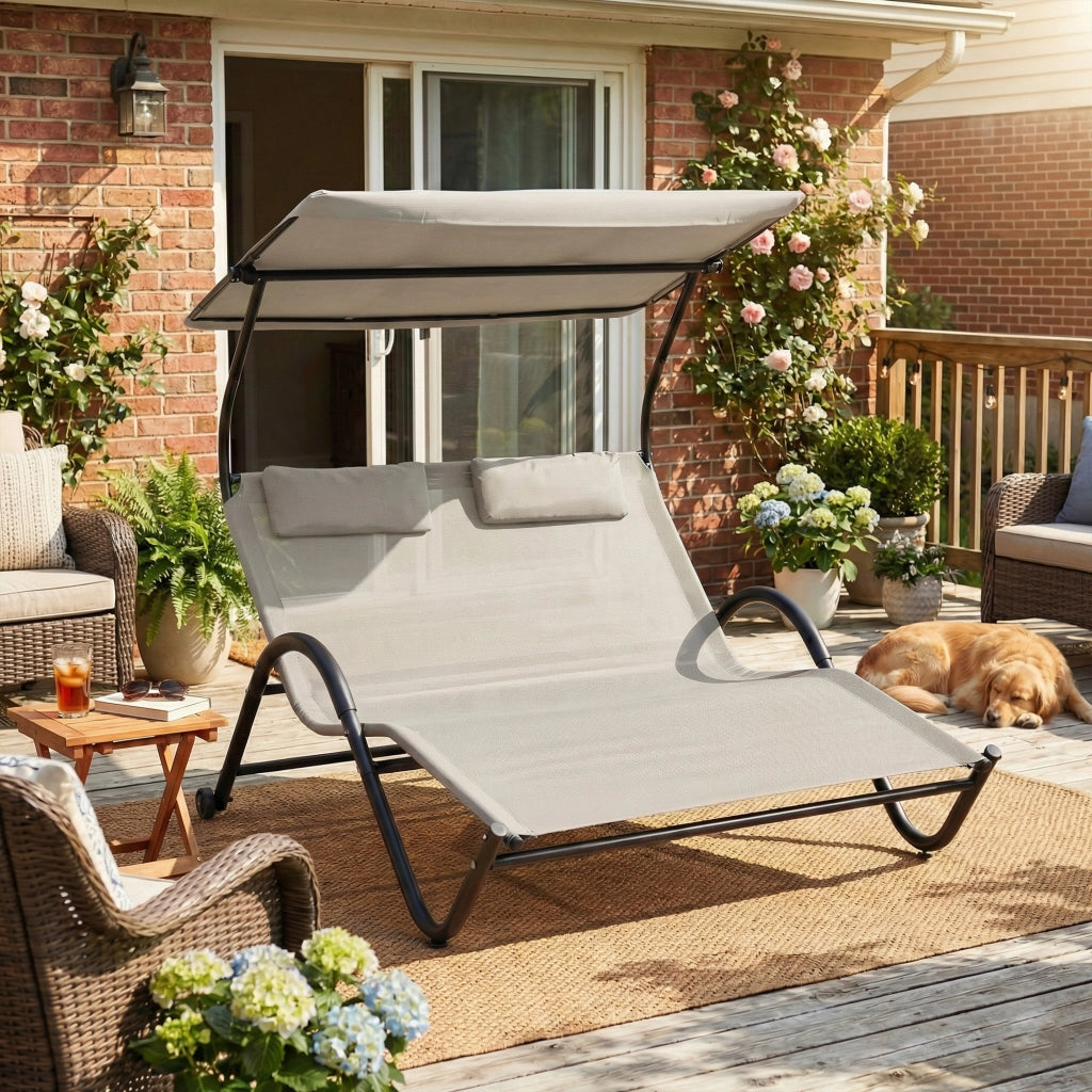 Chaise Longue da Esterno con Cuscino e Ruote ¨C Zephmum ¨C Grigio Poliestere Acciaio 200x60x40