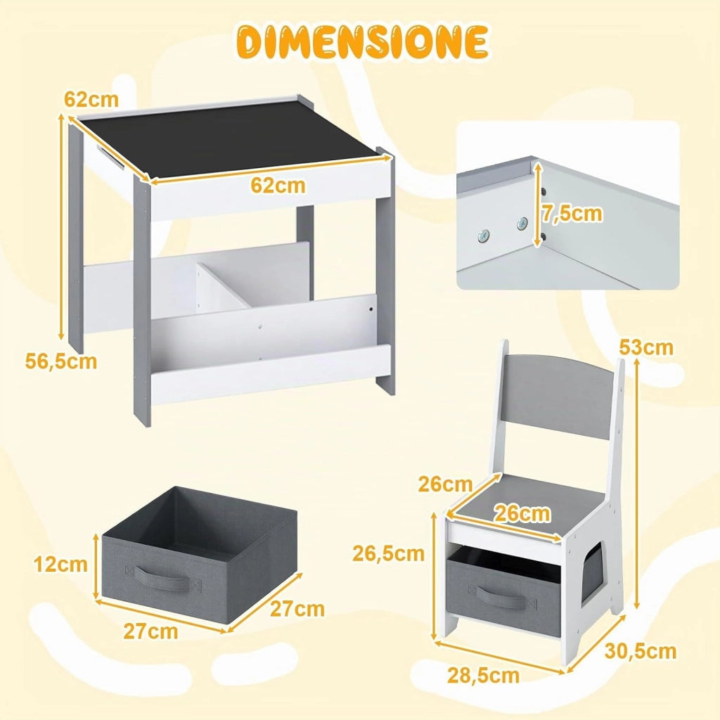 4 in 1 Set Tavolo e Sedie per Bambini 3+ Anni, Tavolo e Sedie con Piano Reversibile, Scaffali e Cassetti, Ideale per Disegno, Lettura e Studio (Grigio, Stile 3)