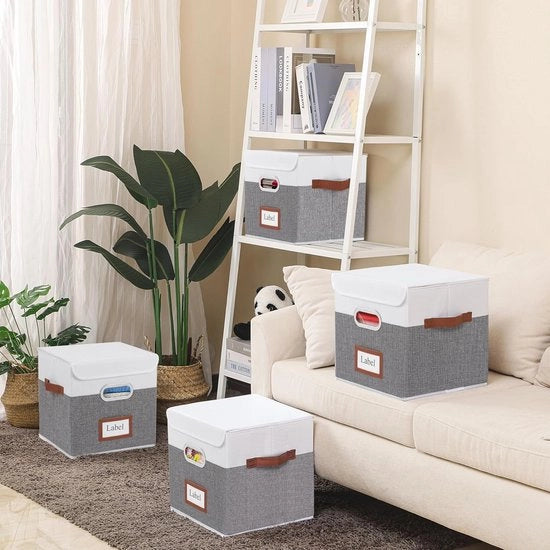 Set di 4 cassetti ripiegabili con coperchio, set di 4 cassetti con 3 maniglie, grande cassa ripiegabile per armadi, abiti e altro, 38 x 25 x 25 cm, bianco/grigio