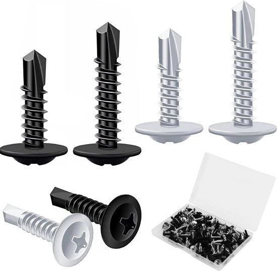 Set di Viti Autoalimentanti in Metallo a Testa Piana - 120 pezzi - per Legno Gesso Plastica - Nero Argentato.