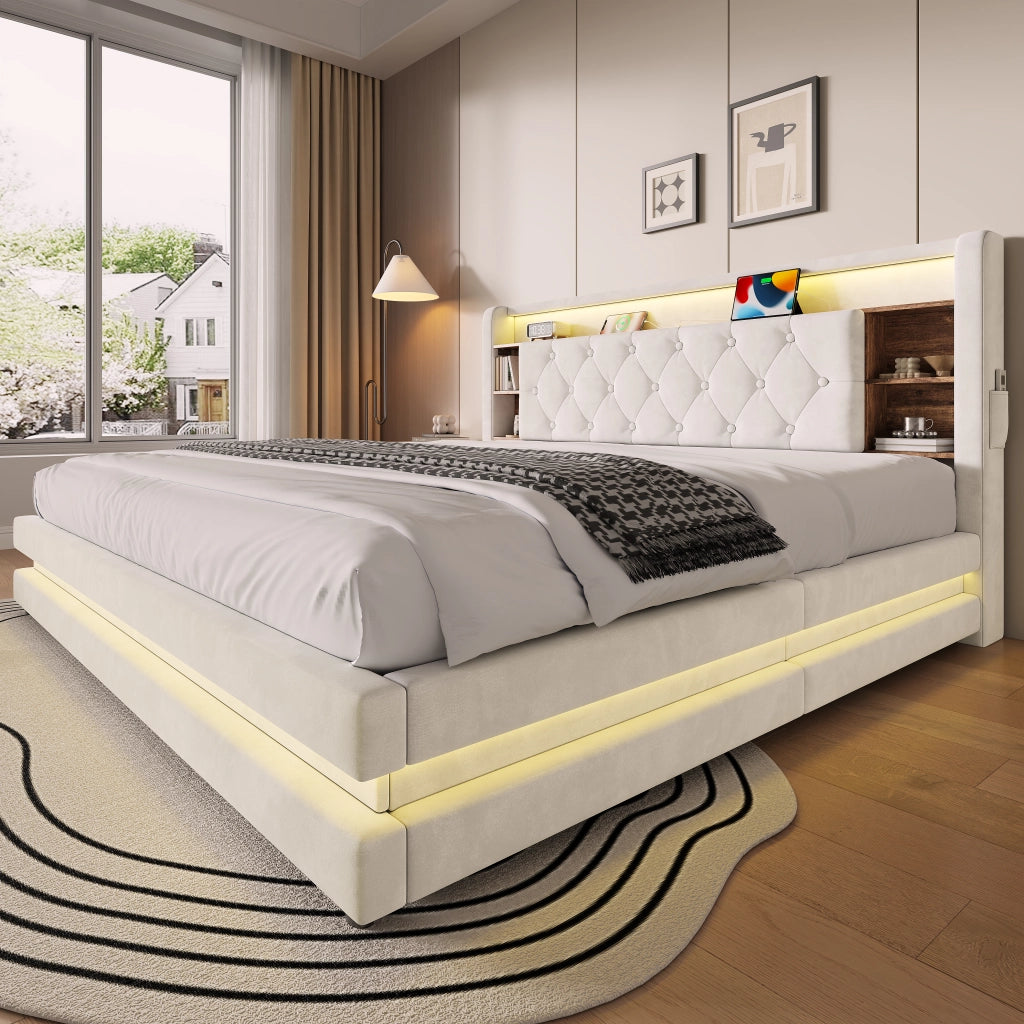 LETTO Contenitore 180x200 cm in velluto Beige con testiera multifunzione