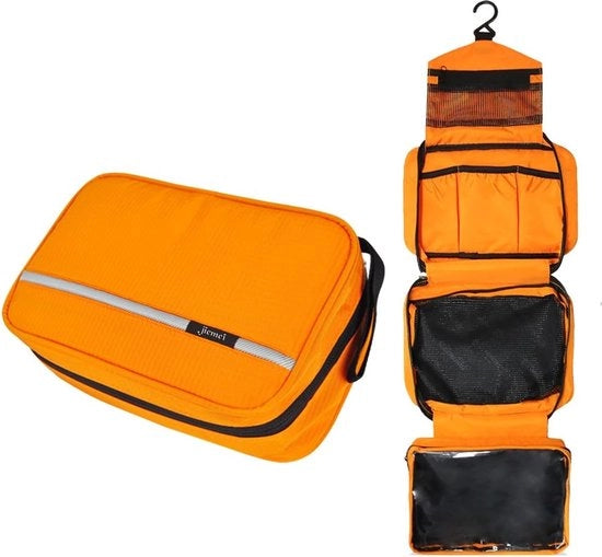 Bagno da viaggio con 4 tasche, pieghevole, formato compattibile, chiusura a zip di alta qualità, 2 clip per appendere abiti da regalare, colore arancione
