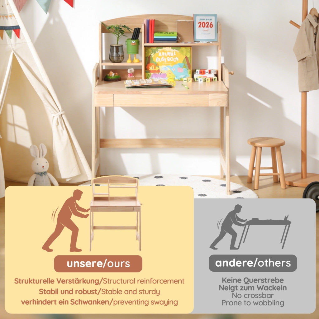 Scrivania lineare per bambini da 6 anni con altezza regolabile, cassetto, vano contenitore e gancio, in legno naturale