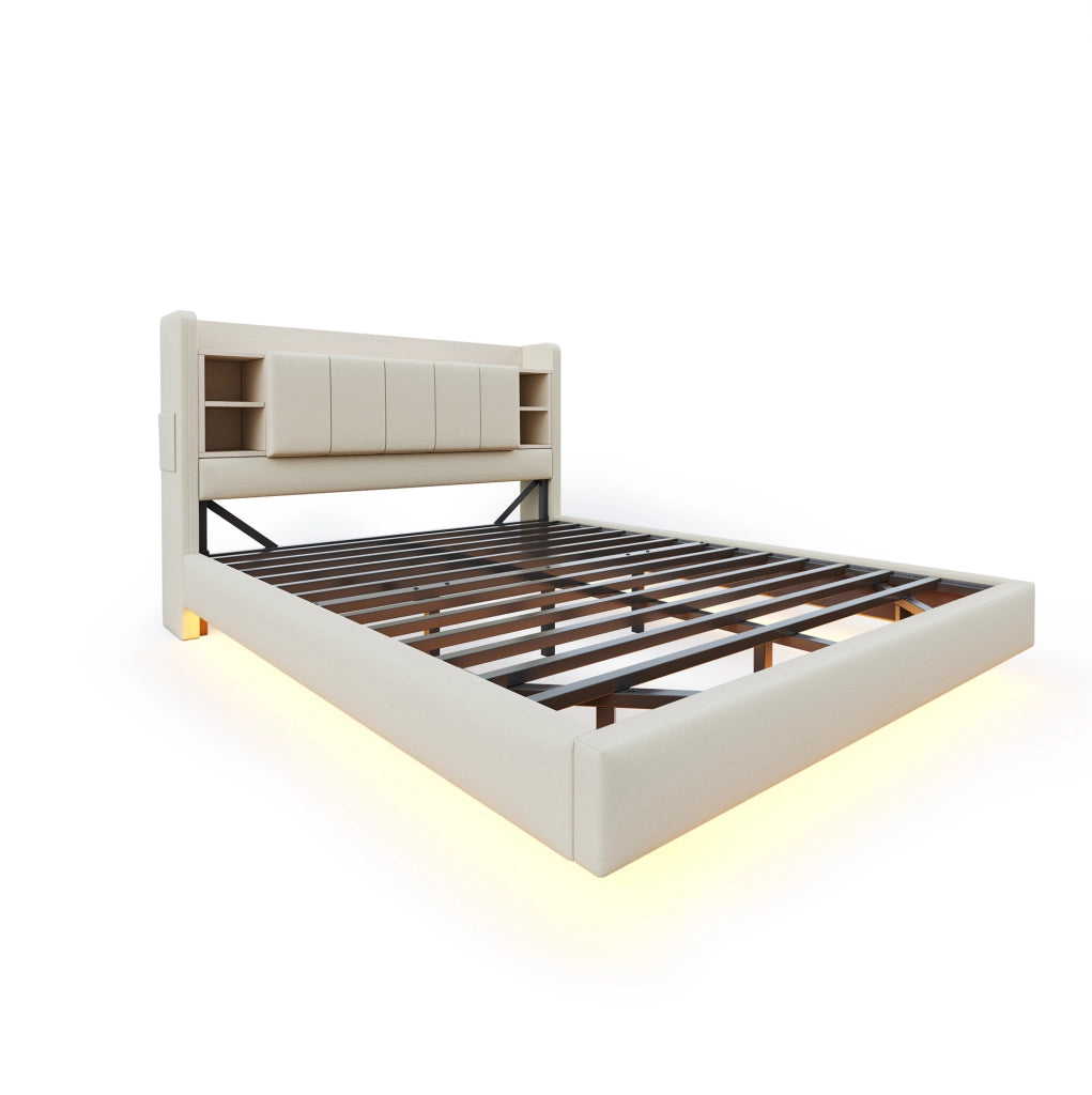 Letto imbottito 140x200 cm beige con LED, USB, vano contenitore e mensole