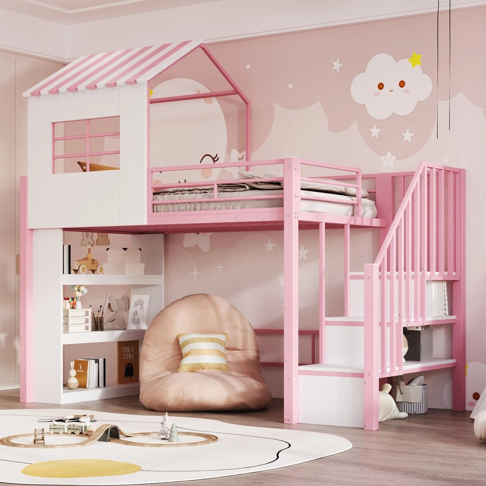 Letto a Soppalco Singolo in Metallo con Scala e Ripiani ¨C Xylo ¨C Rosa 90x200